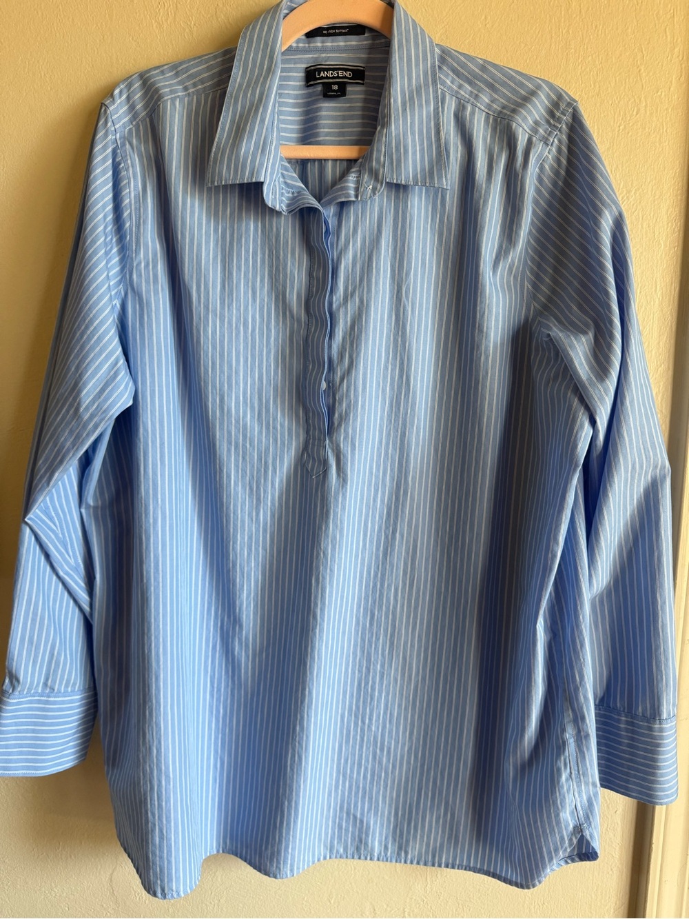 Lands' End Womens Blue Pinstripe Cotton Dress Shirt
